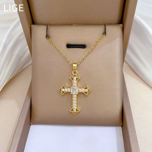 Collar colgante de cruz minimalista de acero de titanio con incrustaciones de diamantes de imitación para mujeres y unisex, delicada cadena de clavícula