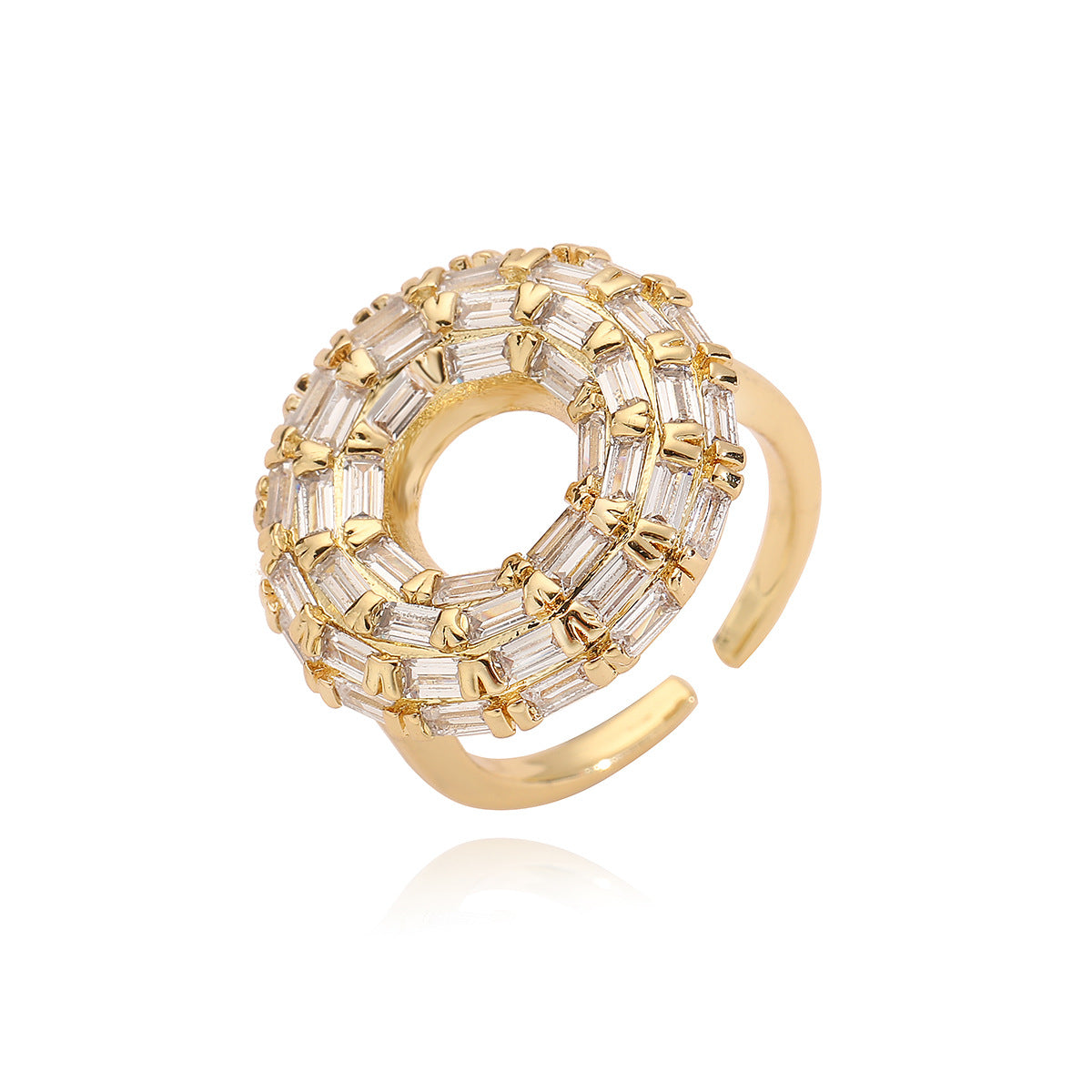 Anello Aperto Minimalista Geometrico da Donna in Rame Placcato Oro 18K con Intarsi di Zirconi