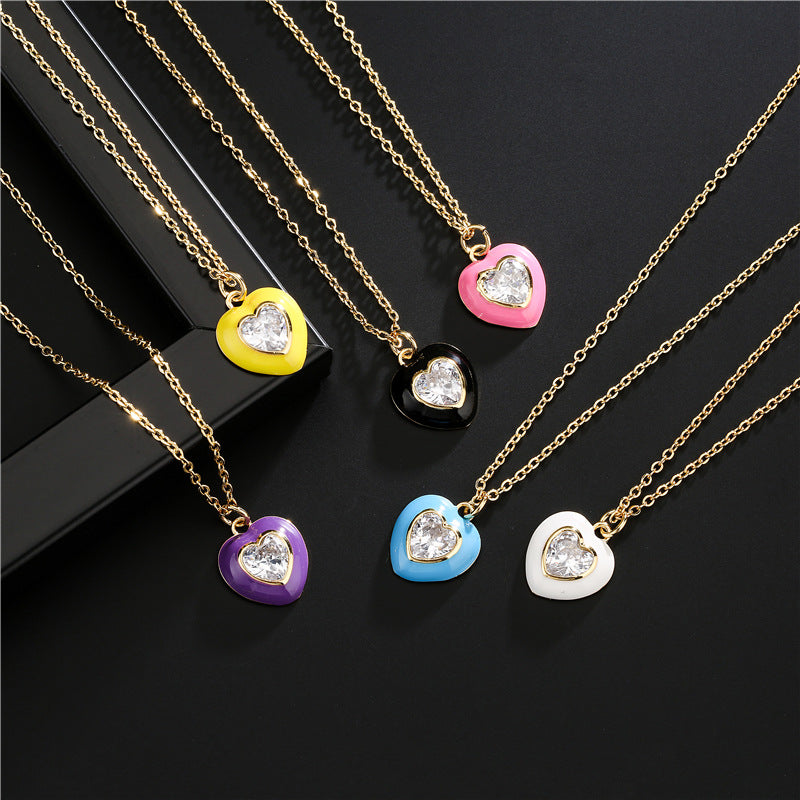 Elegant Heart Drip Oil Inlay Cubic Zirconia Brass Necklace for Women with Cable Chain