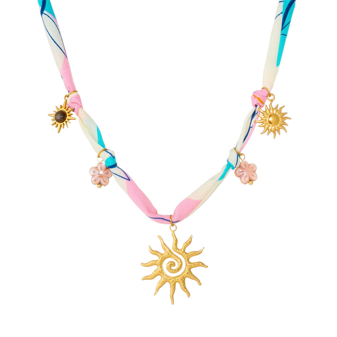 Sweet Tie-Dye Flower Sun Gold Plated Stainless Steel Tiger's Eye Pendant Necklace with Rope Chain