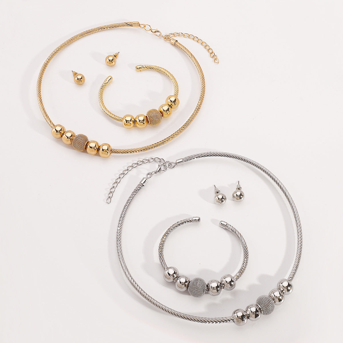 Set di gioielli da donna minimalista vintage con perle tonde in metallo e finitura galvanizzata