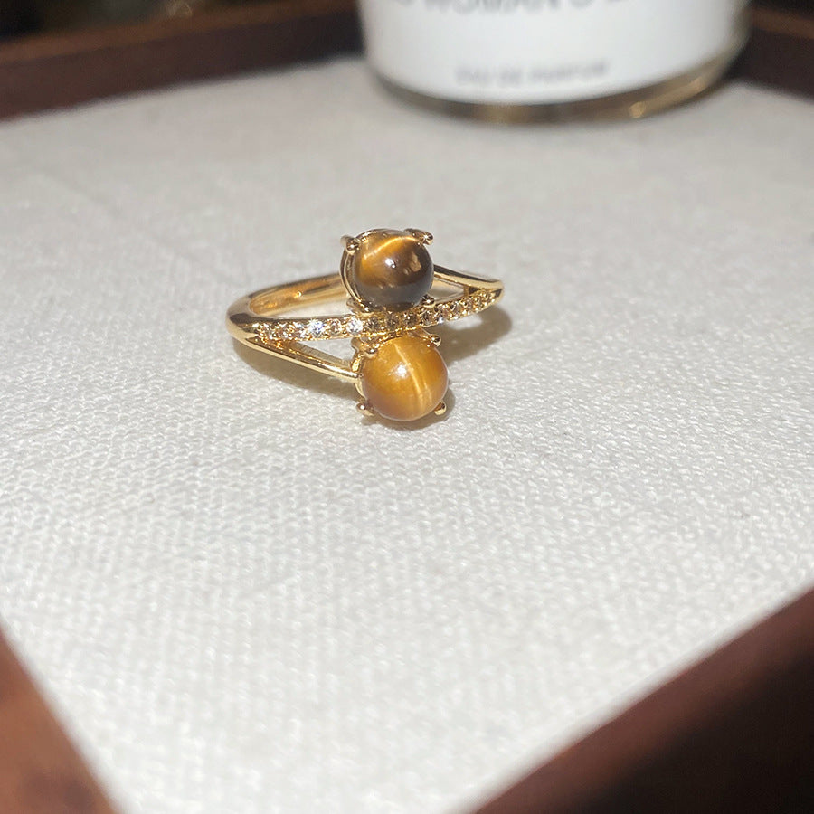 Anello da dito da donna in stile vintage con occhio di tigre geometrico ispirato alla melanina e intarsio in zircone
