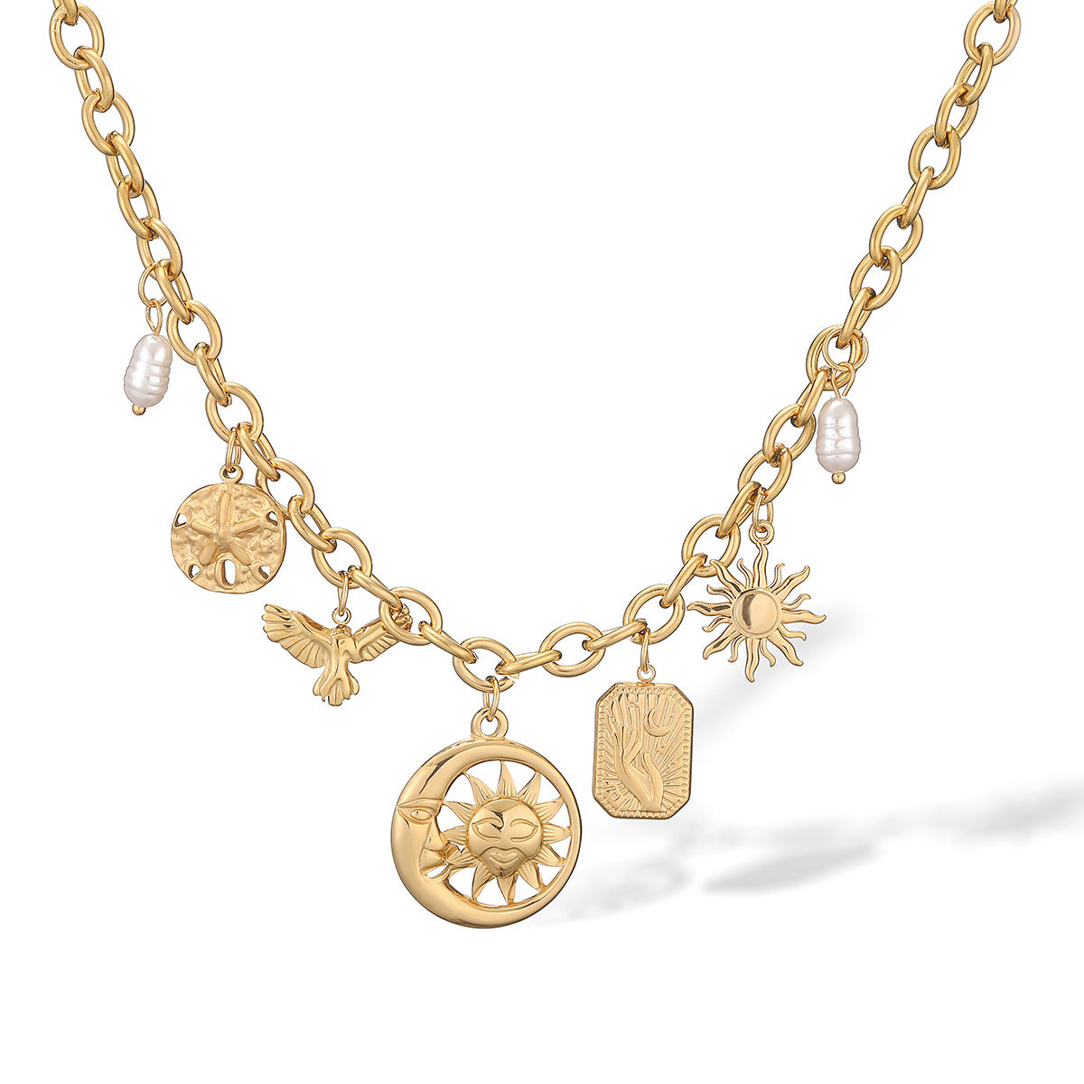 Collar con colgante minimalista geométrico de sol y luna para mujer de acero inoxidable con chapado en oro de 18 quilates