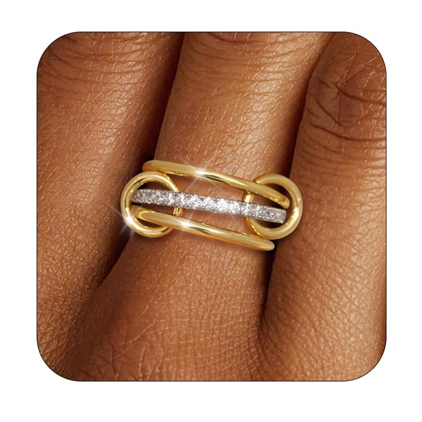Gold Plated Stainless Steel Geometric Letter Ring with Rhinestone Inlay Unisex