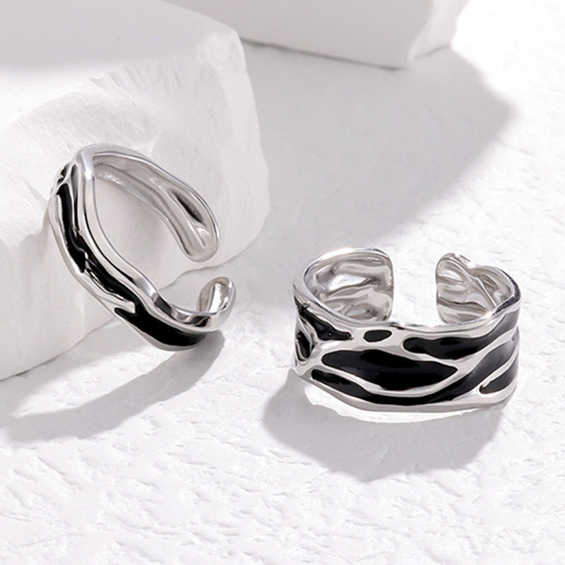 Minimalist Stainless Steel Adjustable Couple Rings with Enamel Finish, Irregular Shape Stackable Fashion Rings for Men and Women