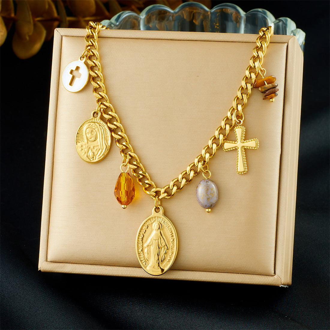 18K Gold Plated Oval Cross Relief Pendant Stainless Steel Serpentine Chain Jewelry Set for Women