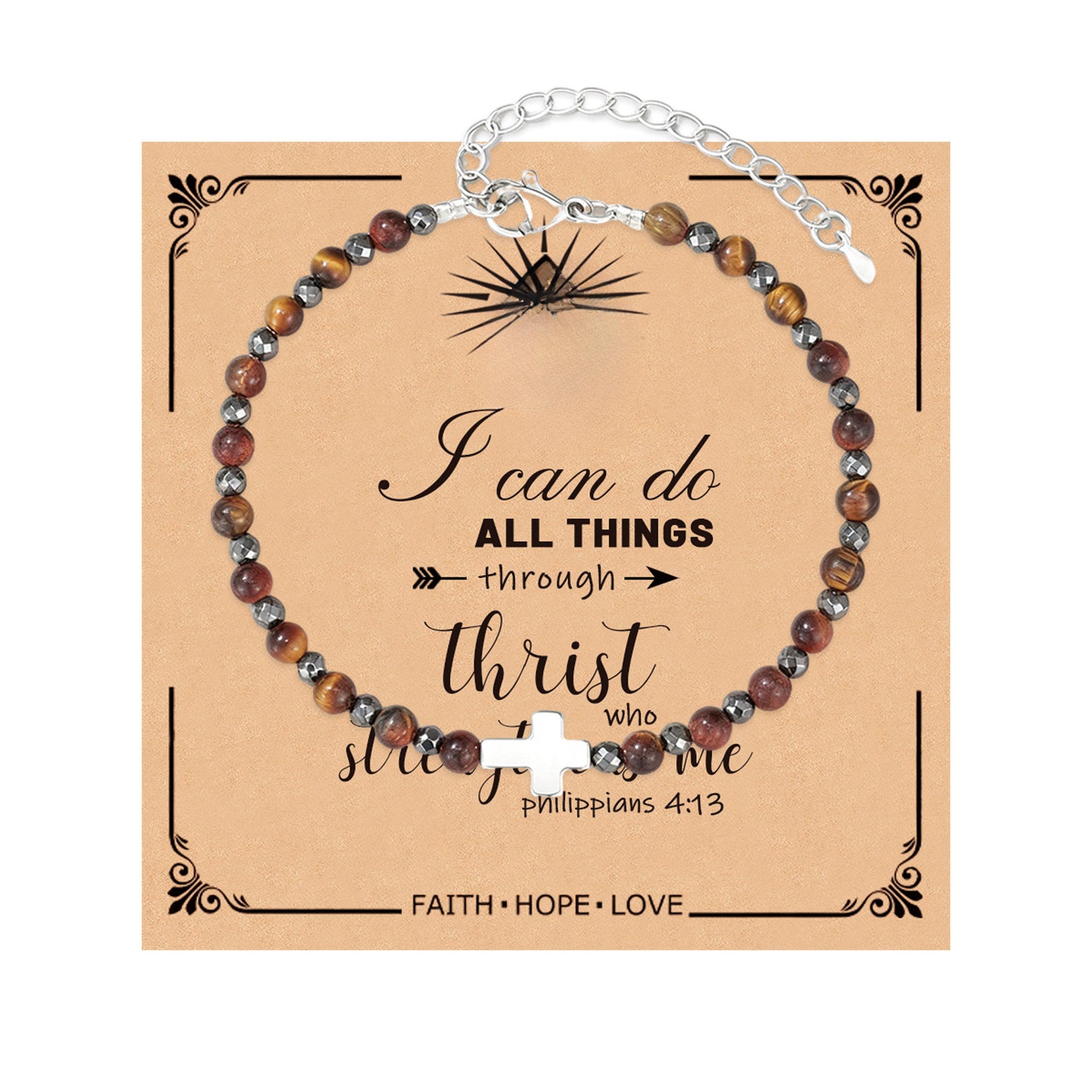 Minimalist 6mm Tiger Eye Cross Bracelet Polished Adjustable Magnetic Clasp