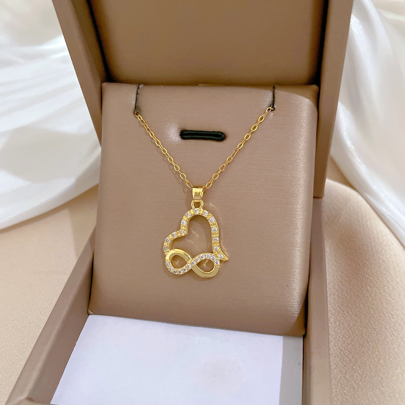 Collar con colgante de nariz de corazón en forma de 8 de acero de titanio de lujo para mujer con incrustaciones completas de diamantes de imitación, elegante cadena de clavícula