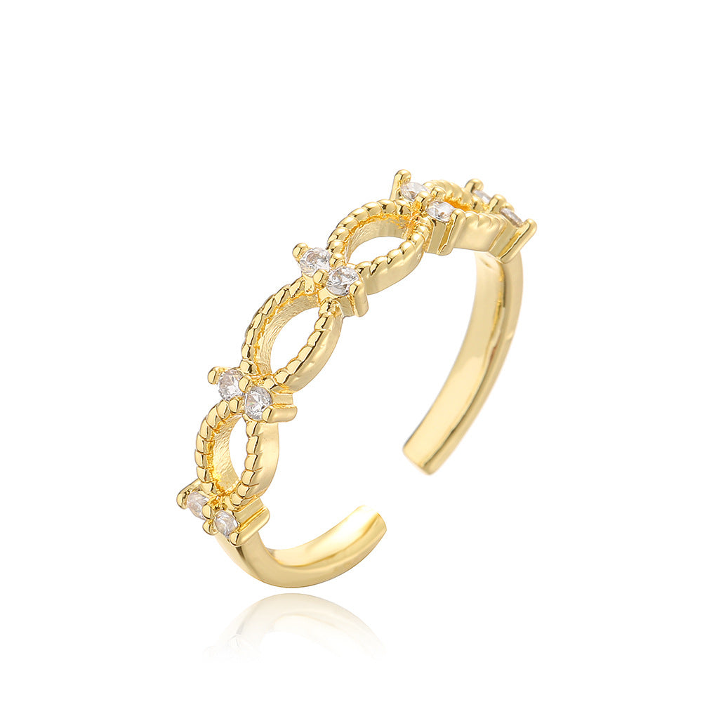 Geometric Open Ring for Women with Copper Base Plated in 18K Gold and Micro-Paved Zirconia