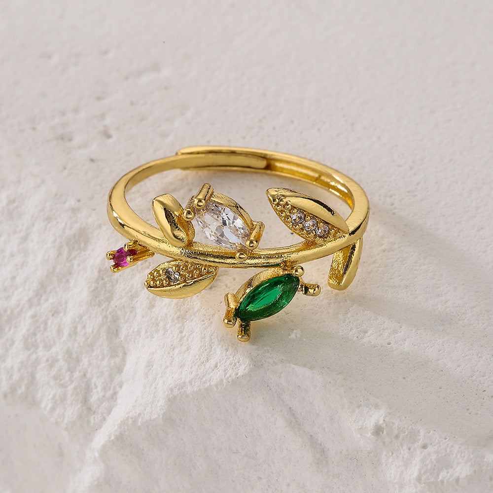 Fashion Minimalist Geometric Butterfly Leaf Floral Open Ring for Women in Brass with Real Gold Plating and Zircon Inlay