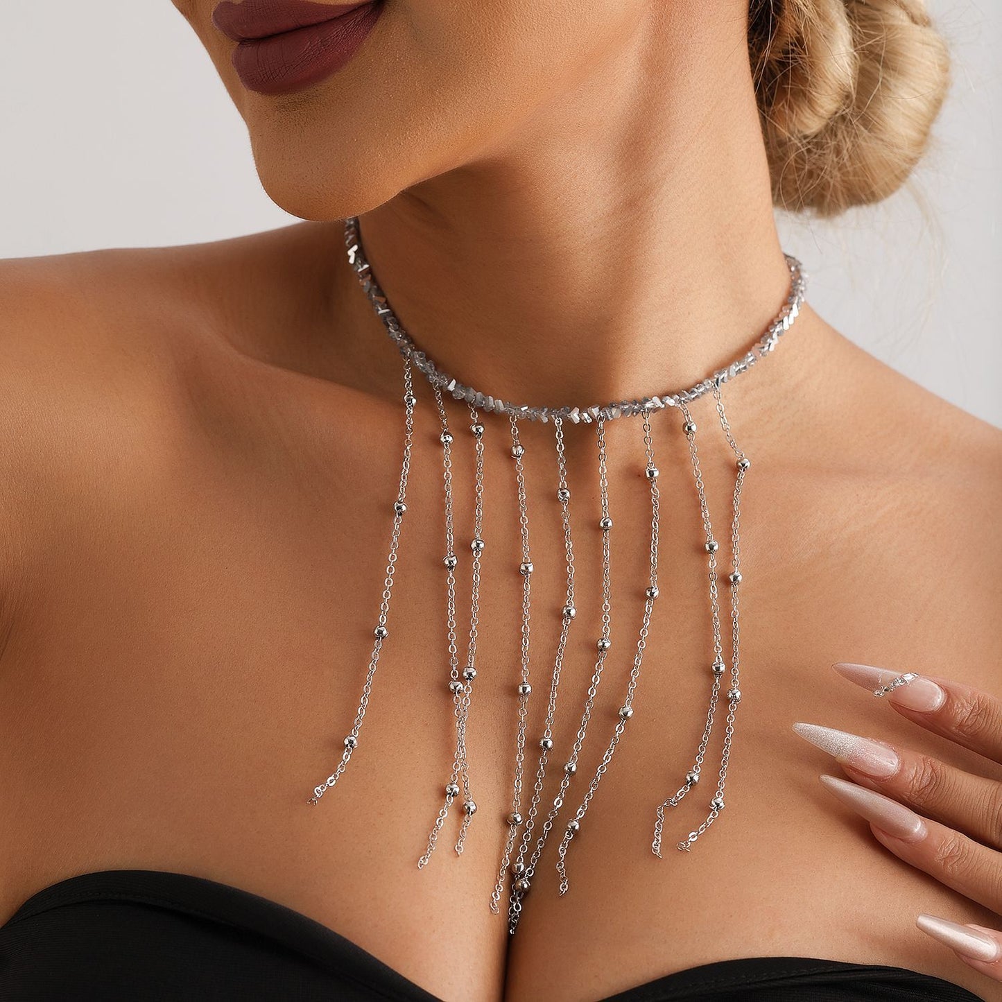 Fashion Minimalist Tassel Clavicle Necklace with Mirror Glass Beads and Geometric Pendant in Electroplated Alloy