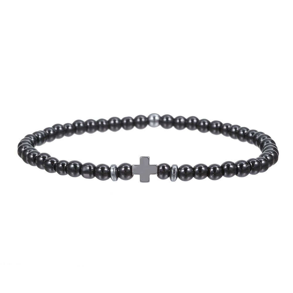 Men's Matte Hematite Cross Bracelet with Volcanic Stone and Turquoise Beads Unisex Geometric Jewelry