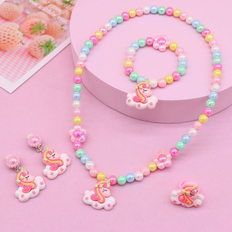 Collana in resina unicorno cartone animato per bambini con catena di perline rotonde, ciondolo a forma di animale fatto a mano, gioielli collezione principessa