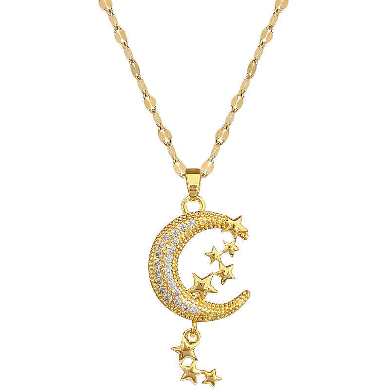 Collana con pendente a forma di luna e stella, lusso, eleganza, fresco, dolce, in acciaio al titanio con intarsio di strass, design geometrico, unisex