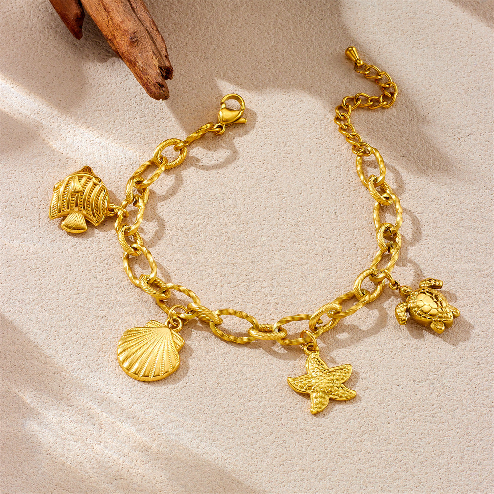 Fashionable Gold-Plated Stainless Steel Sea Star and Turtle Pendant Bracelet for Women