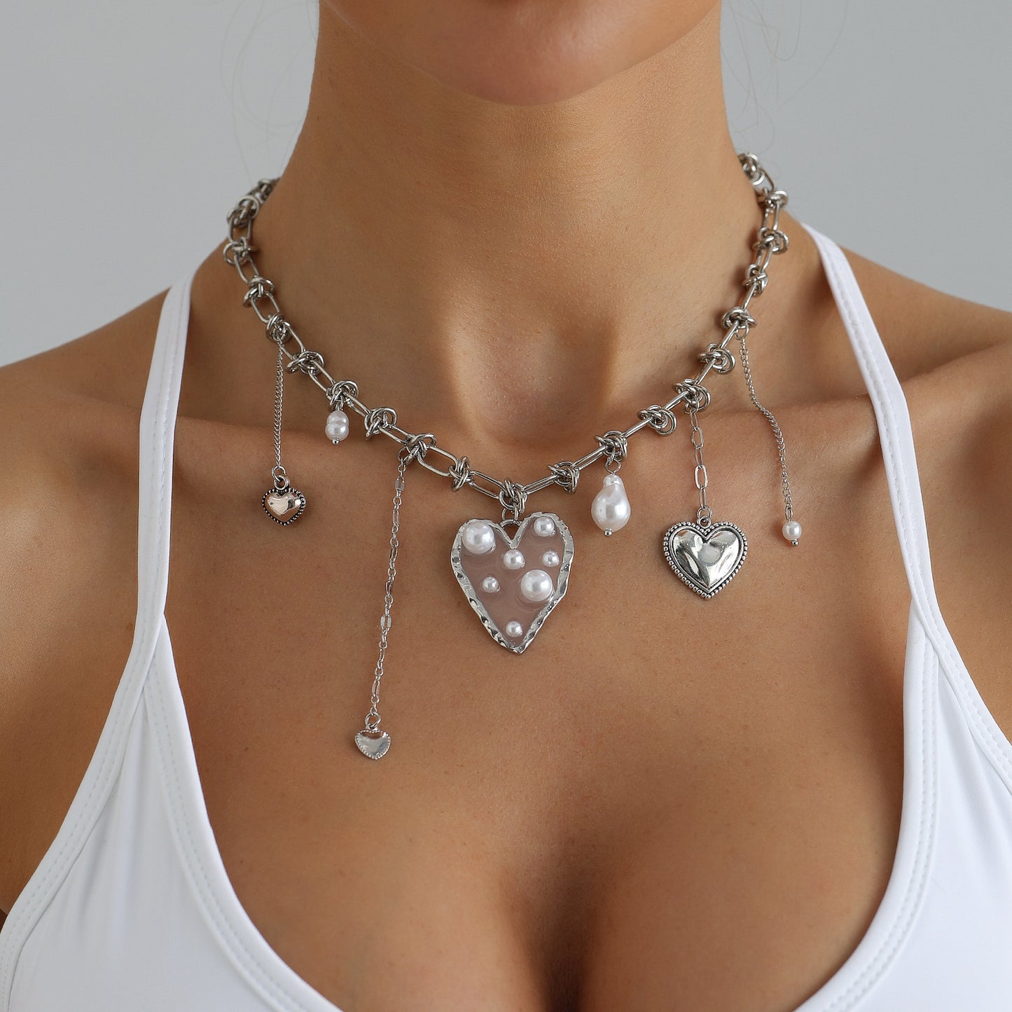 Sweet Streetwear Irregular Heart Geometric Alloy Plated Necklace with Pearl Pendant Multi-layer Cable Chain for Women and Men