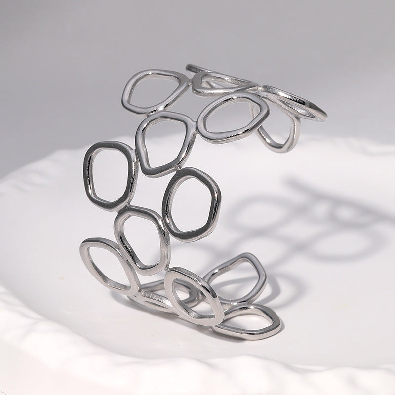Minimalist Geometric Hollow Circle Wide Stainless Steel Bracelet for Women with Plating Finish