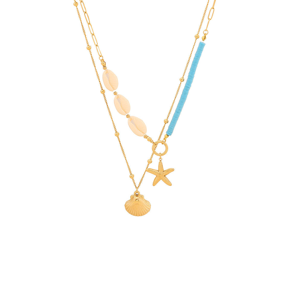 Bohemian Wave-Shaped Stainless Steel Pendant Necklace with Rhinestone-Inspired Shell Design on O-Chain for Women