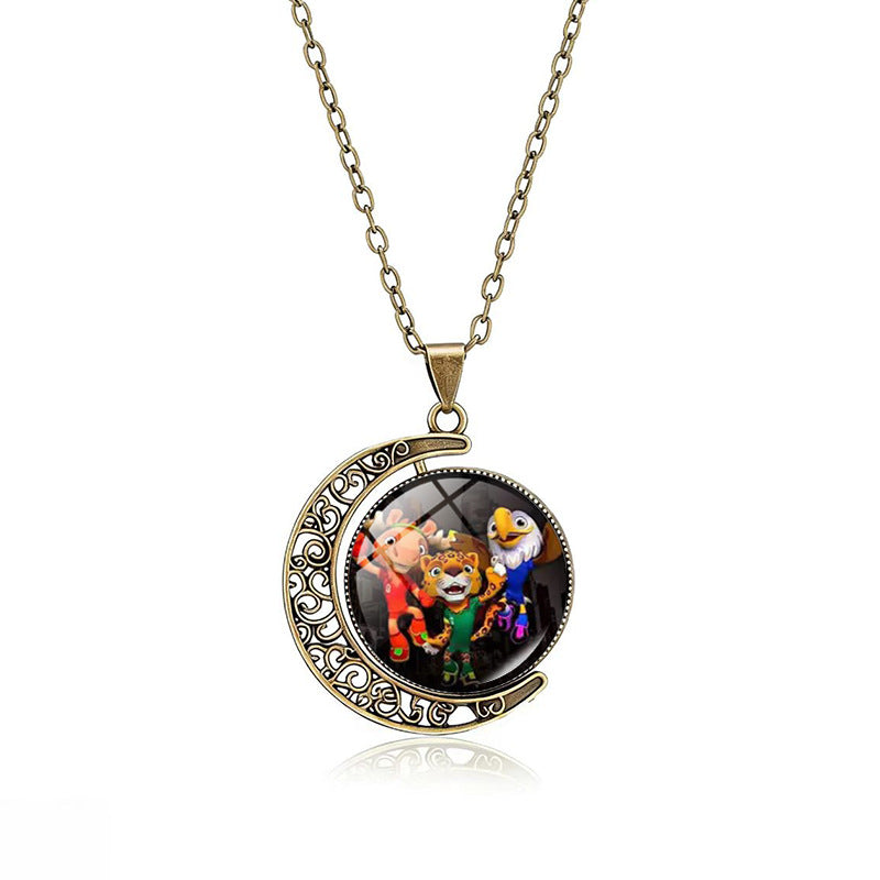 Casual Double-Sided Rotating Moon Geometric Crystal Pendant Plated Alloy Necklace Unisex Multi-Layer Cable Chain