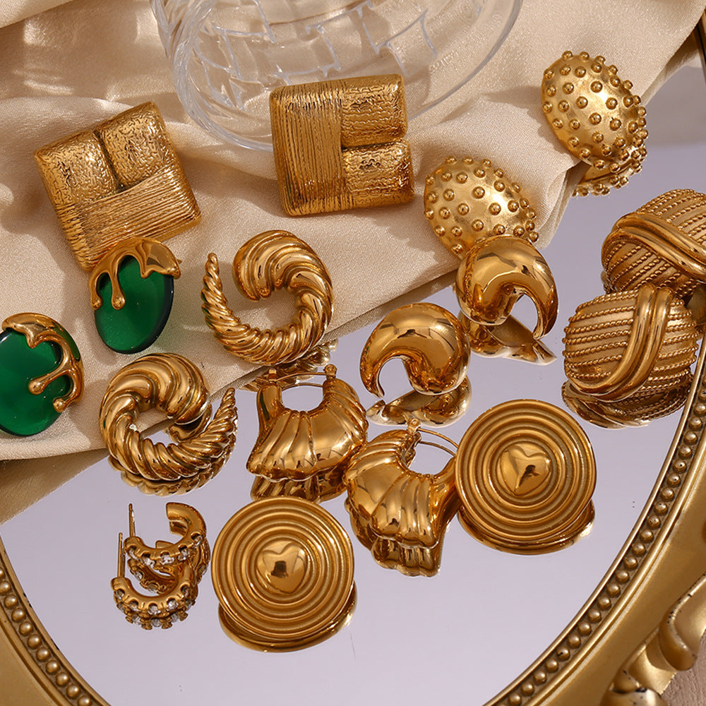 Vintage French-Style Geometric Stainless Steel Earrings with 18K Gold Plating for Women