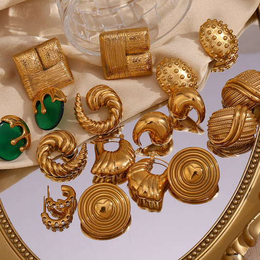 Pendientes de acero inoxidable geométricos de estilo francés vintage con baño de oro de 18 quilates para mujer