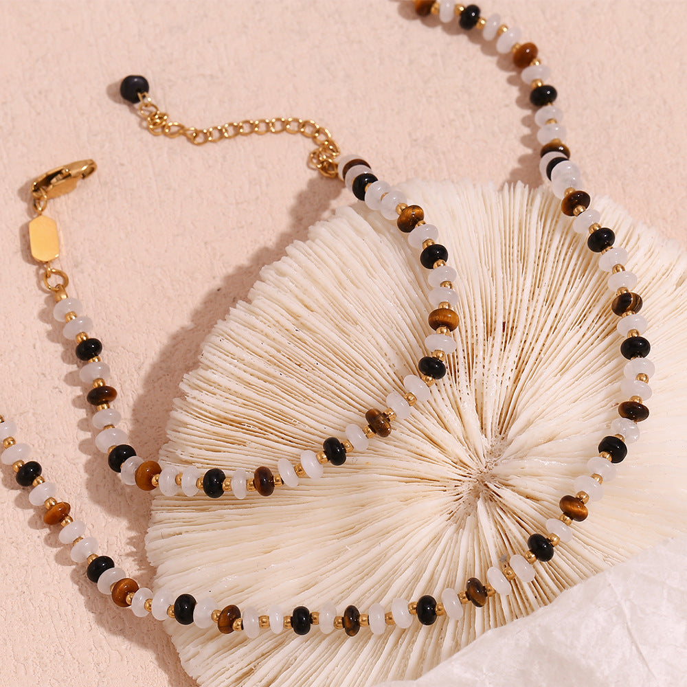 Minimalist Geometric Stainless Steel Necklace with Titanium Steel Beads, Tiger Eye and White Jade Accents, Gold Plated 18K Finish