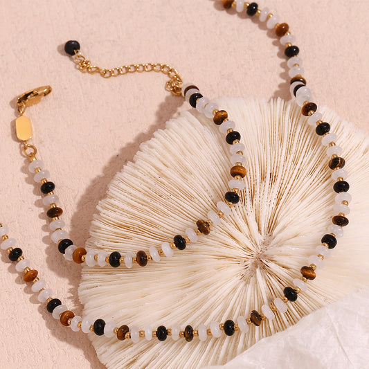 Minimalist Geometric Stainless Steel Necklace with Titanium Steel Beads, Tiger Eye and White Jade Accents, Gold Plated 18K Finish