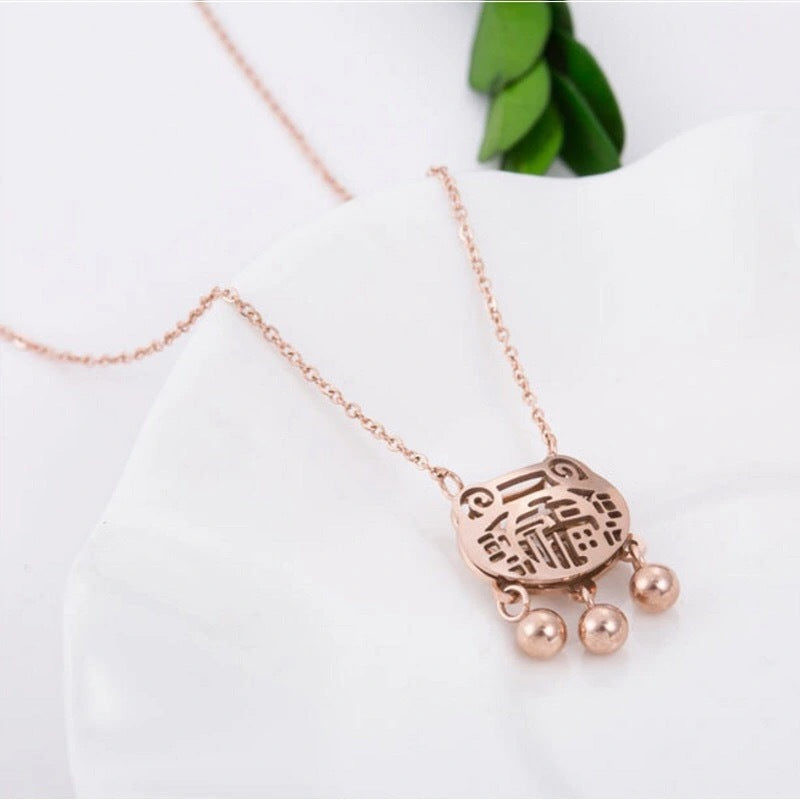 Vintage Chinese Style Geometric Pendant Necklace for Women in Titanium Steel with Plated Finish and O-Chain