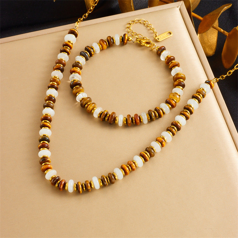 Vintage Resin Tiger Eye Agate Beaded Stainless Steel Plated Necklace and Bracelet Set for Women