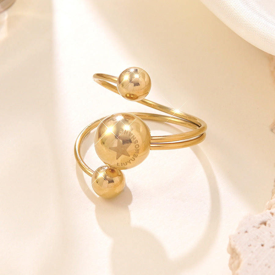 Minimalist Stainless Steel Plated Geometric Round Asymmetric Three-Ball Open Ring for Women