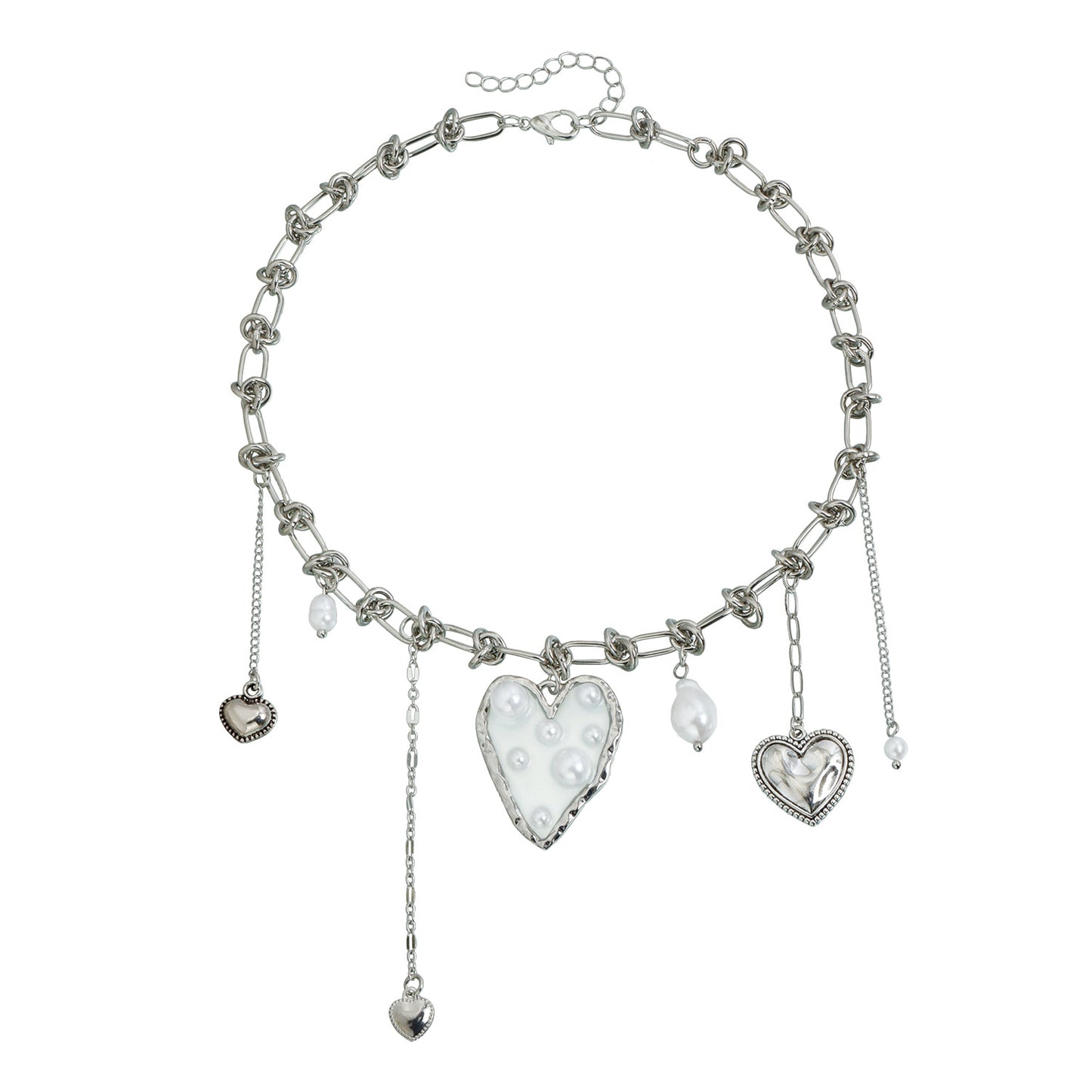 Sweet Streetwear Irregular Heart Geometric Alloy Plated Necklace with Pearl Pendant Multi-layer Cable Chain for Women and Men