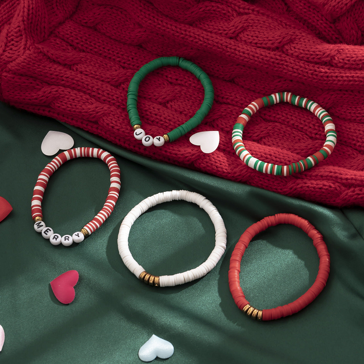 Minimalist Polymer Clay Beaded Letter Bracelet Set with Christmas Elements for Women