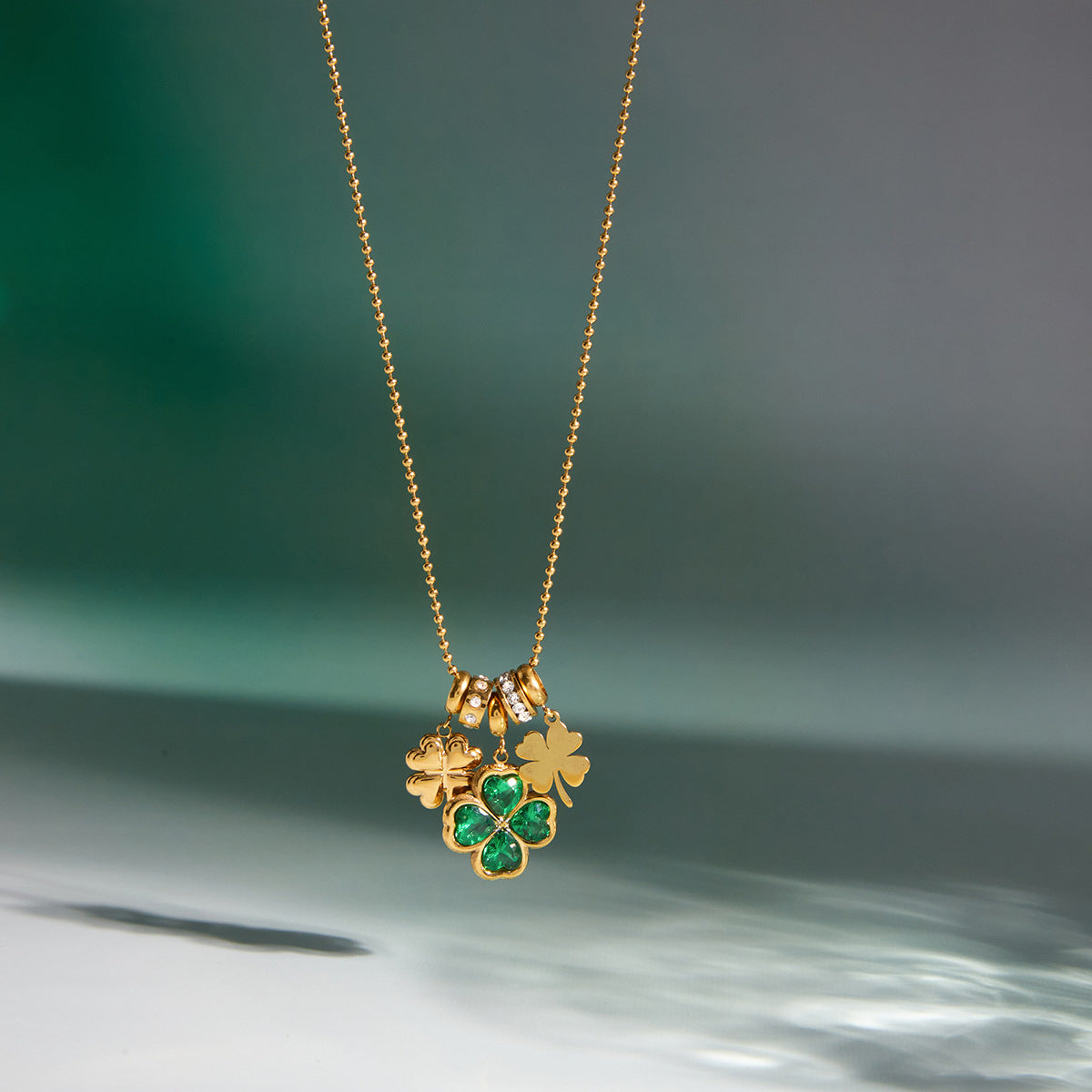 Elegant Green Cubic Zirconia Four-Leaf Clover Stainless Steel PVD Necklace for Women