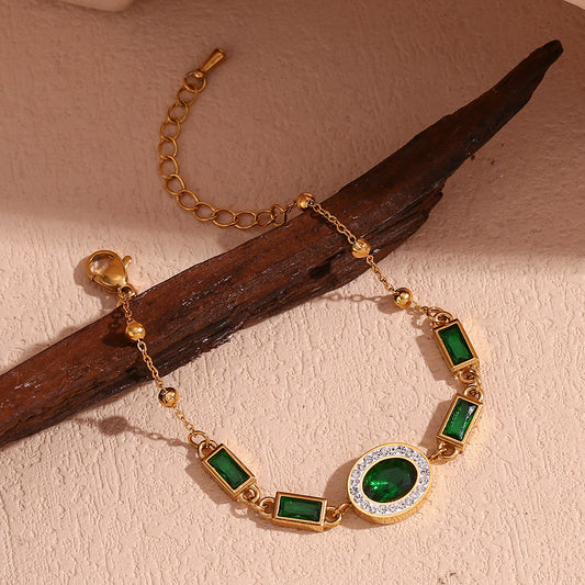Pulsera de Mujer Minimalista y Geométrica de Acero Inoxidable con Baño de Oro de 18K, Howlita Blanca, Oval y Rectangular, y Diamantes de Imitación Verdes