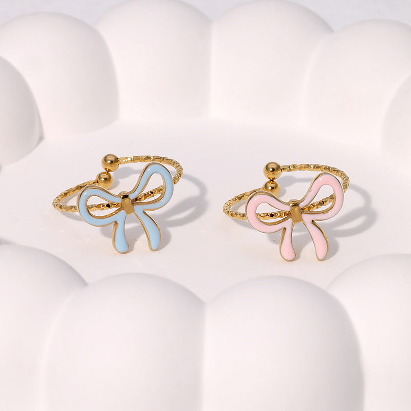 Delizioso Anello Aperto da Donna a Forma di Fiocco in Acciaio Inossidabile Placcato Oro Stile Minimalista