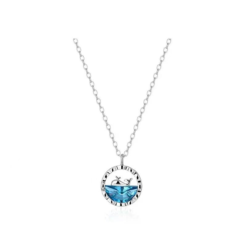Original Design Whale and Dolphin Pendant Necklace in Titanium Steel with Gold Plating and Blue Ocean-Inspired Detail on O-Chain