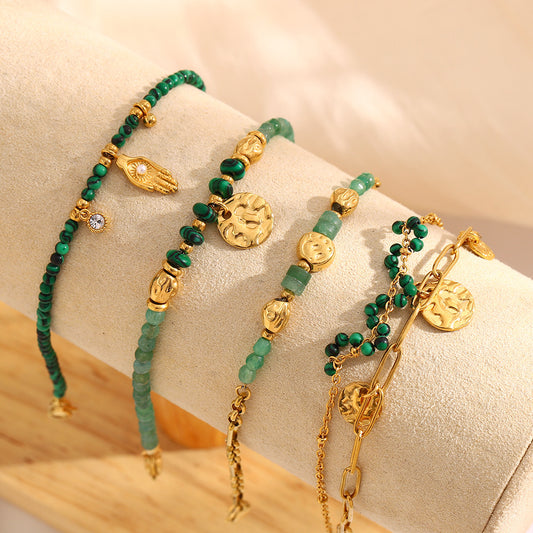 Vintage-Inspired Geometric Stainless Steel Plated with 18K Gold Hand Pendant Bracelet Featuring Natural Stone and Palm-Shaped Coin Charm