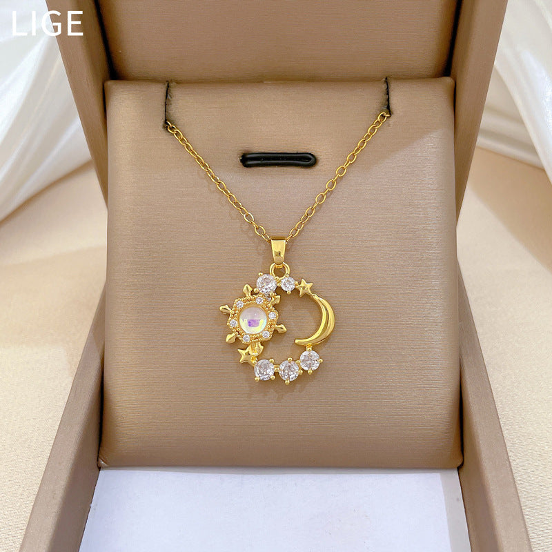Sweet Minimalist Moon Star Geometric Rhinestone Titanium Steel Necklace for Unisex