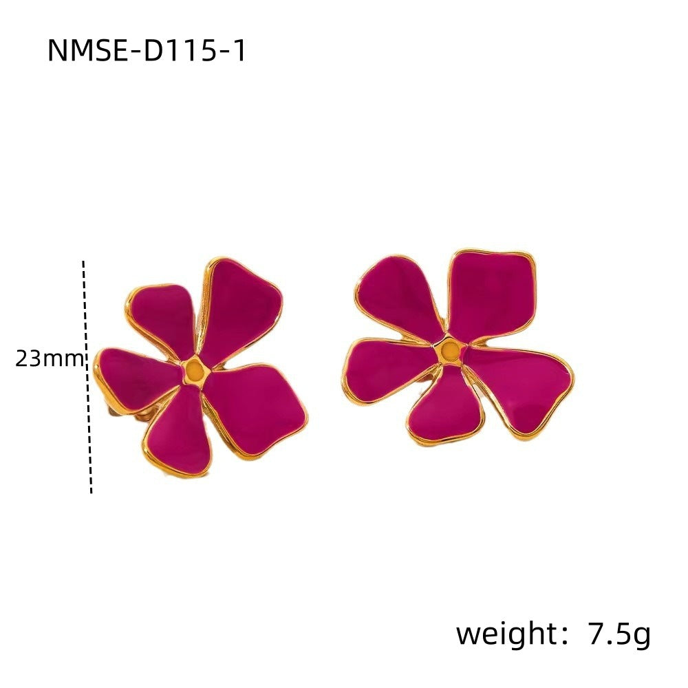Pendientes de botón de esmalte de acero inoxidable con diseño floral dulce y minimalista para mujer