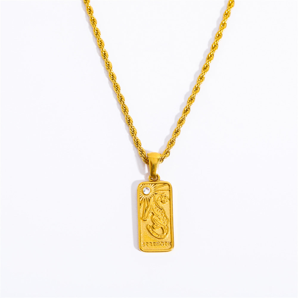 Minimalist Geometric Rectangular Sun God Floral Pendant Necklace in Titanium Steel with Rhinestone Inlay and Plated Finish
