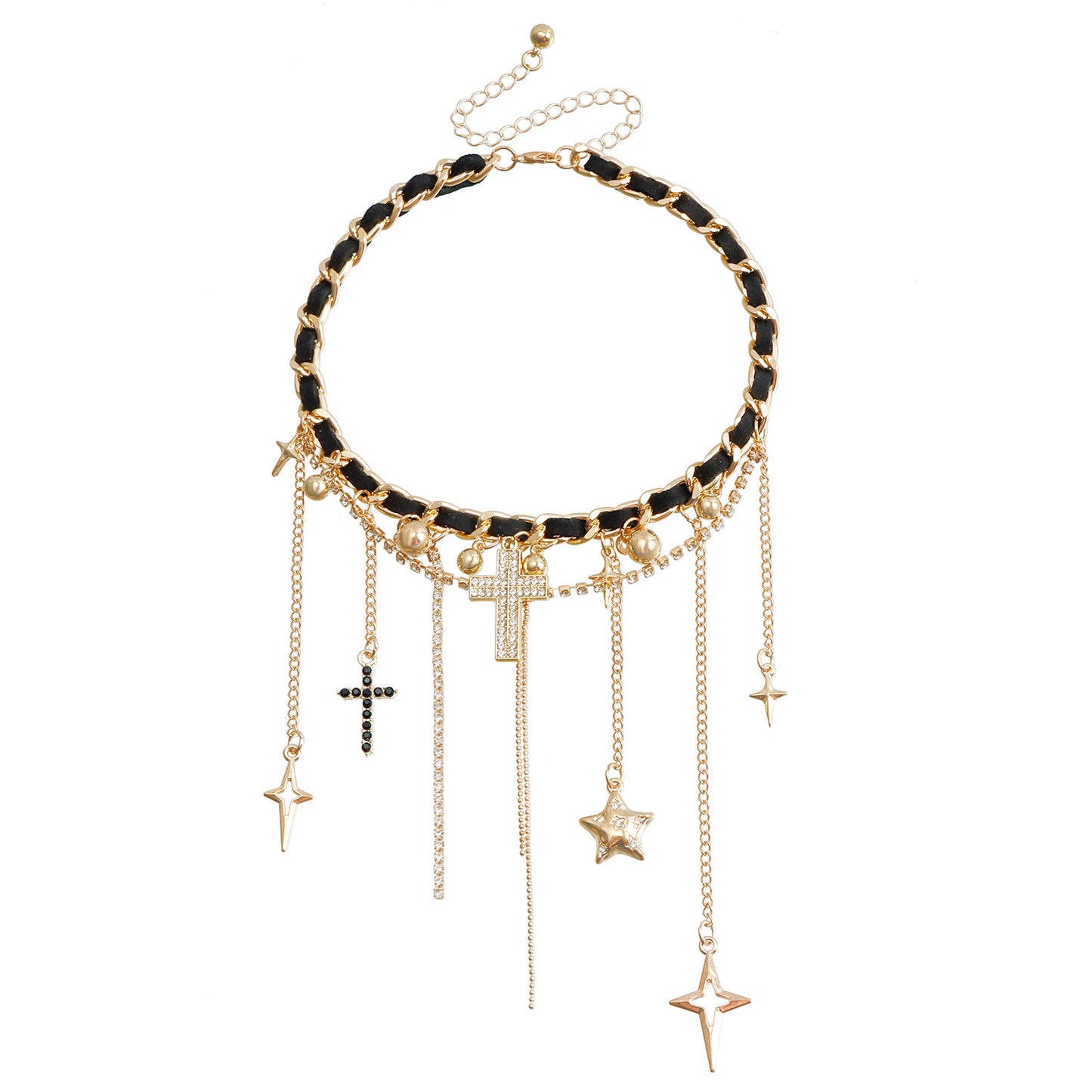 Collana da donna a croce con ciondolo a cuore e nappe chic, in lega placcata con strass