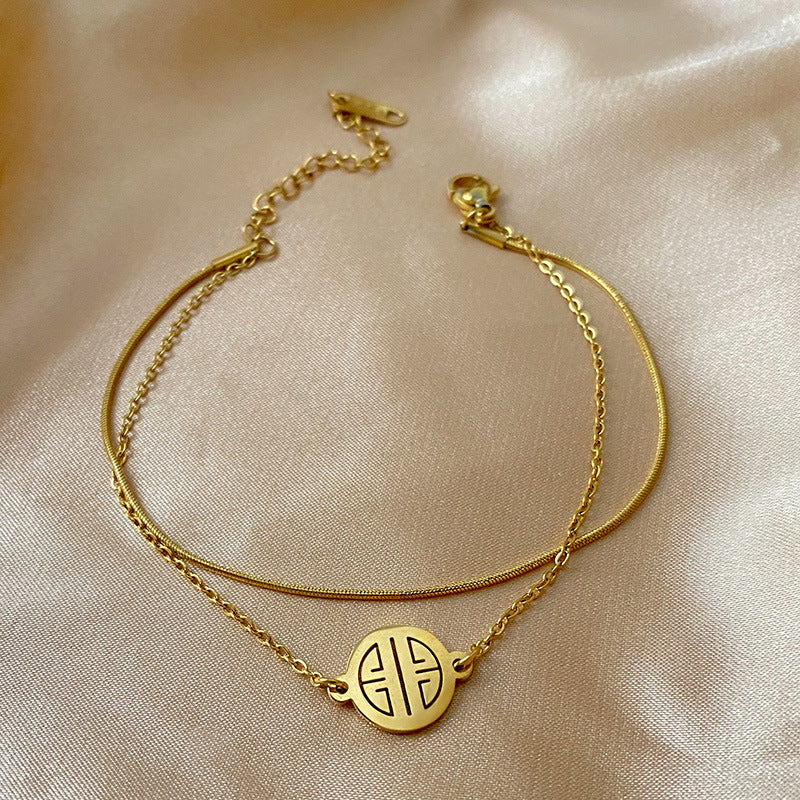 Gold Plated Titanium Steel Fu Character Double Layer Bracelet