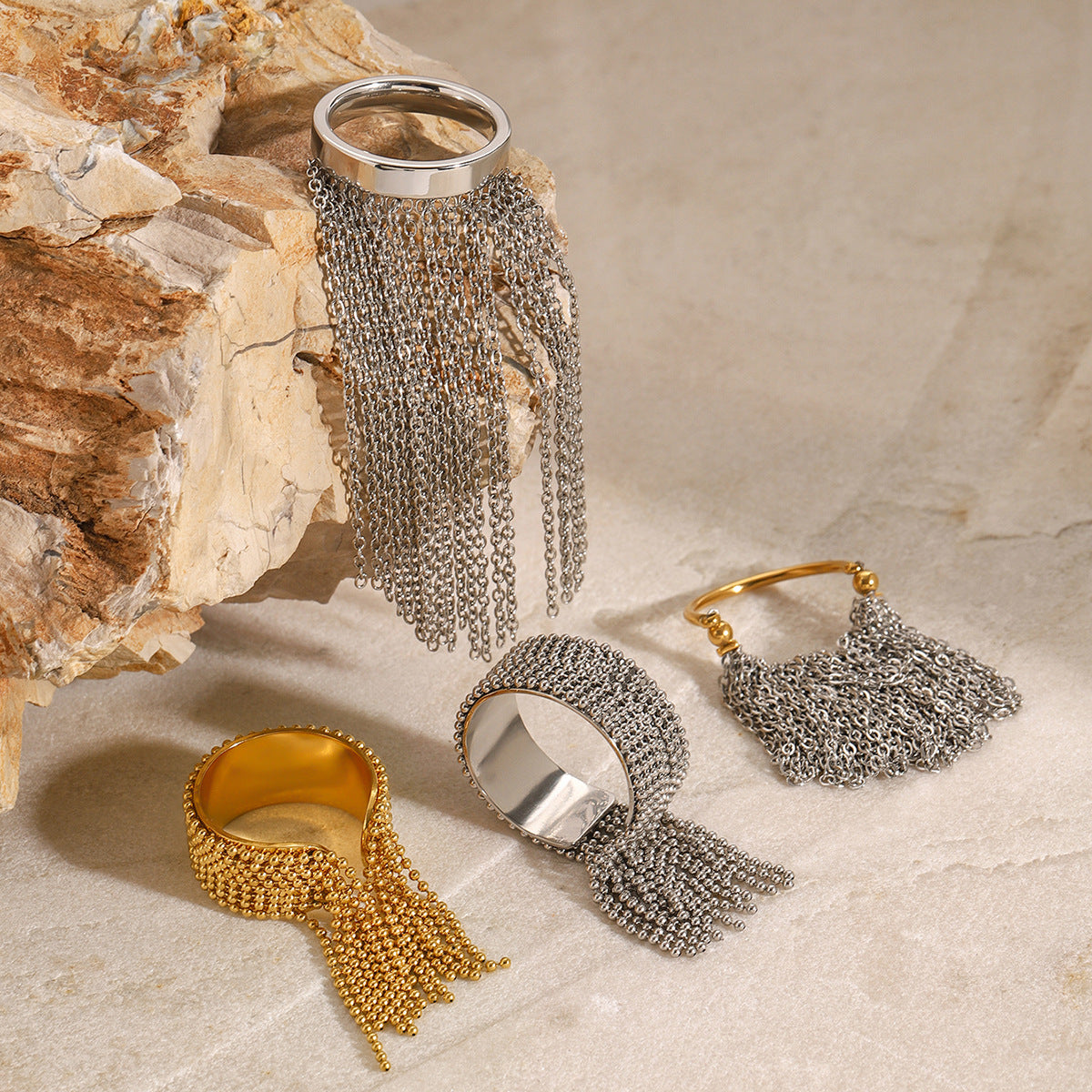 Geometric Plated Stainless Steel Tassel Ring for Women