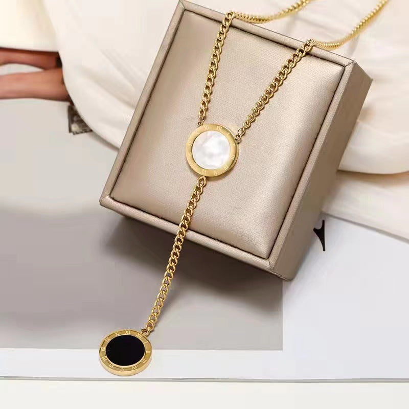Original Design Letter Shape Titanium Steel Pendant Necklace with Tassel Detail for Sweaters, Adjustable Length, Double-Sided Shell Design