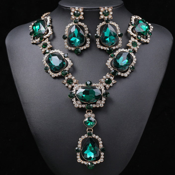 Exaggerated Vintage Alloy Necklace and Earring Set with Artificial Gemstone Inlay and Ruyi Lock Pendant for Women