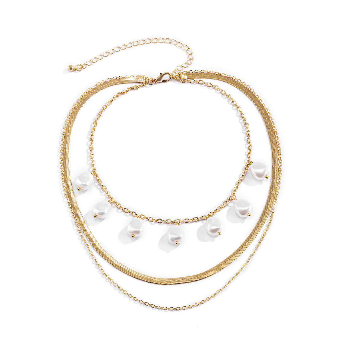 Collana girocollo vintage da donna con perle geometriche, catena a serpente e nappina.