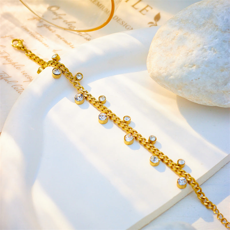 Minimalist Irregular Round Rhinestone-Embellished Titanium Steel Bracelet for Women