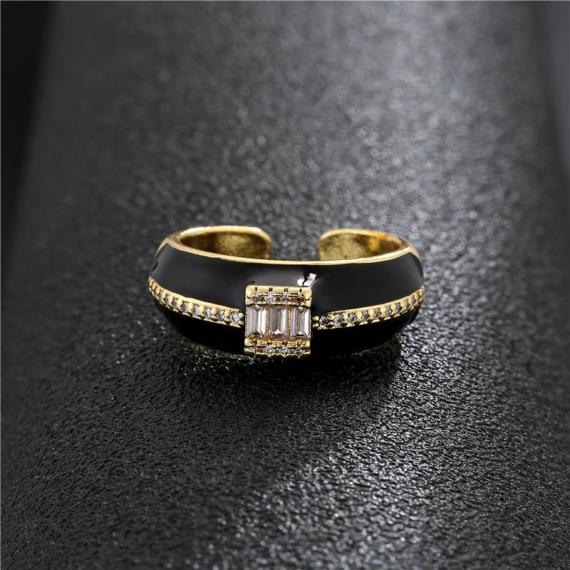 Geometric Micro-inlay Cubic Zirconia 18K Gold Plated Drip Oil Brass Ring for Women