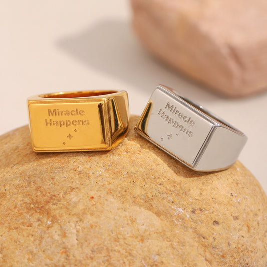 Minimalist Geometric Stainless Steel Ring with 18K Gold Plating for Women Featuring English Letter Design