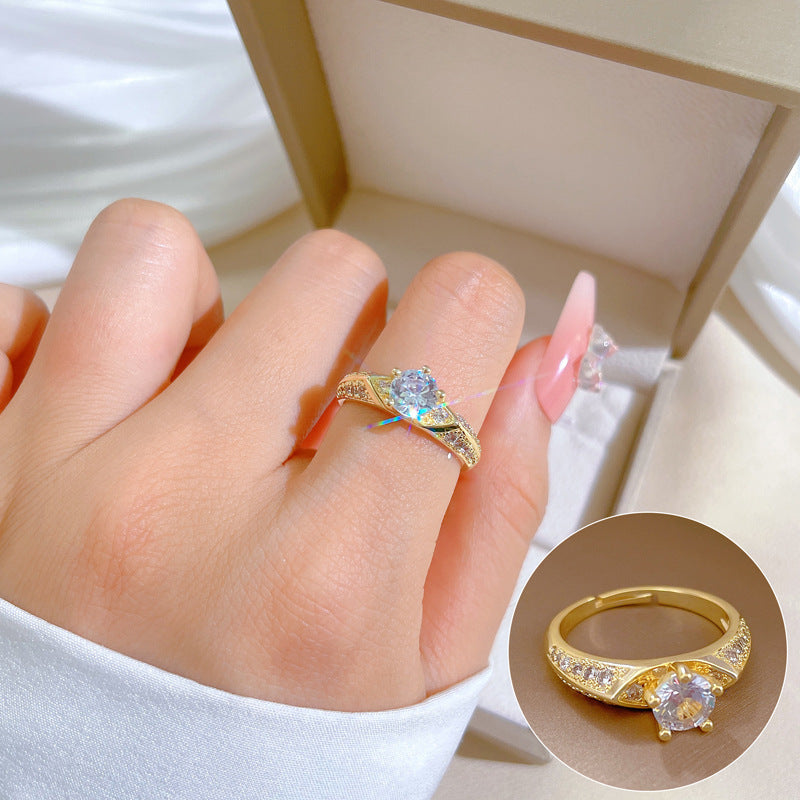 Minimalist Sweet Geometric Round Brass Plated Rhinestone Ring for Women and Men